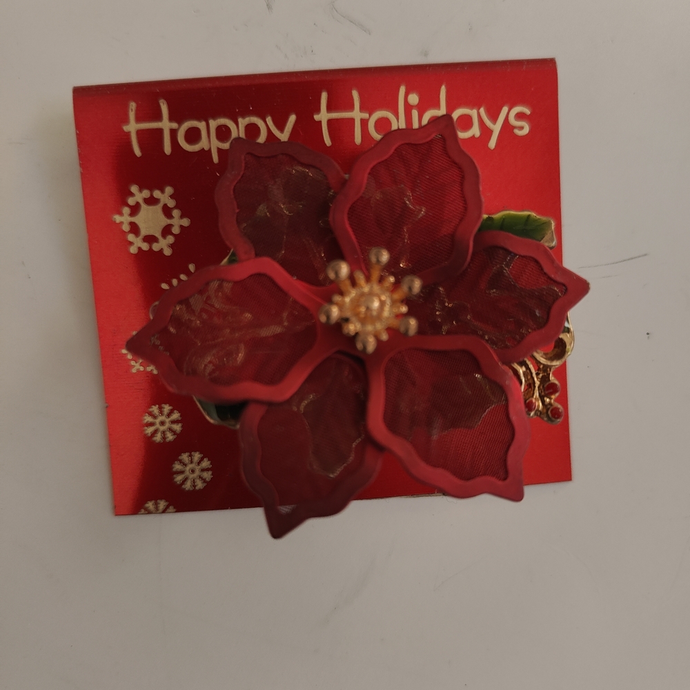 Festive Red Poinsettia Holiday Brooch